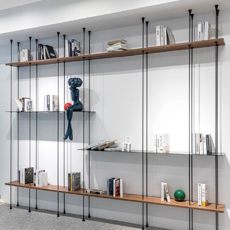 Large multi-storey living room office furniture three-dimensional modern wooden aluminum alloy column round tube bookshelf